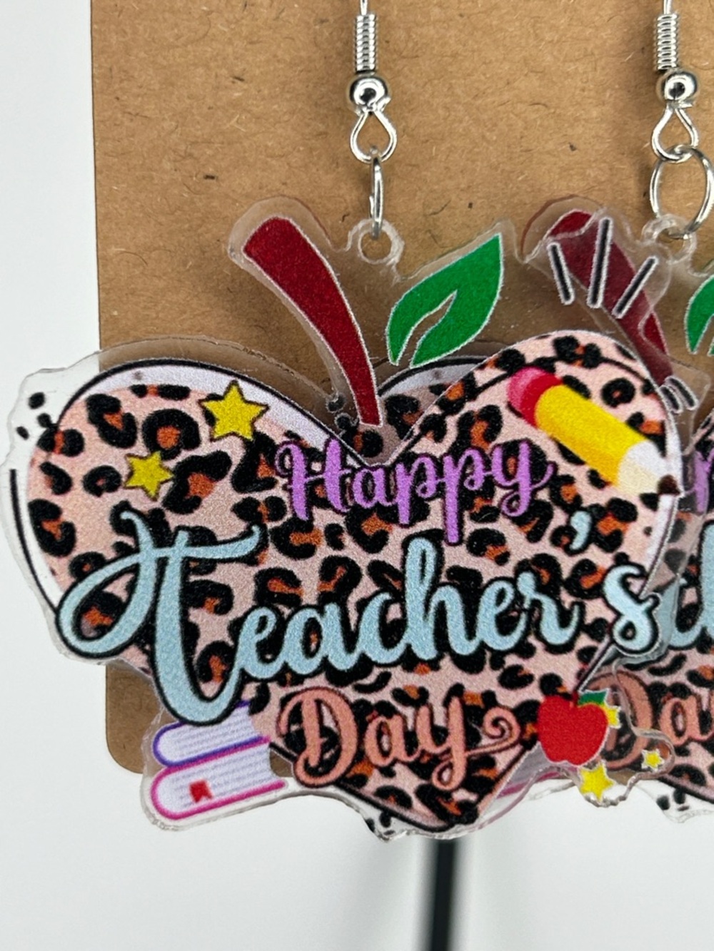 Happy Teacher's Day Leopard Apple Drop Earrings - Multicolor Fashion Jewelry - Picture 3 of 4